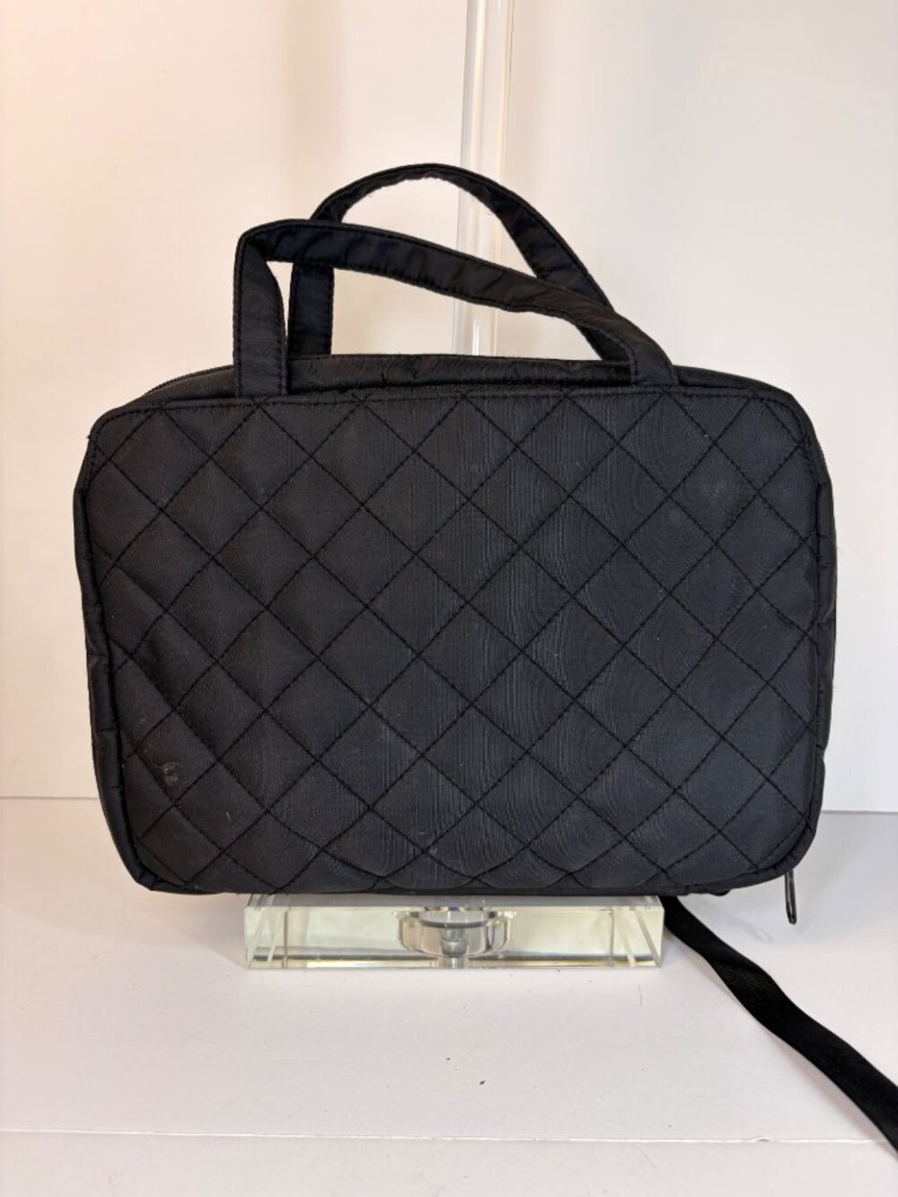 Women's Black Quilted Cosmetic Toiletry Travel Bag Organizer Double Handled
